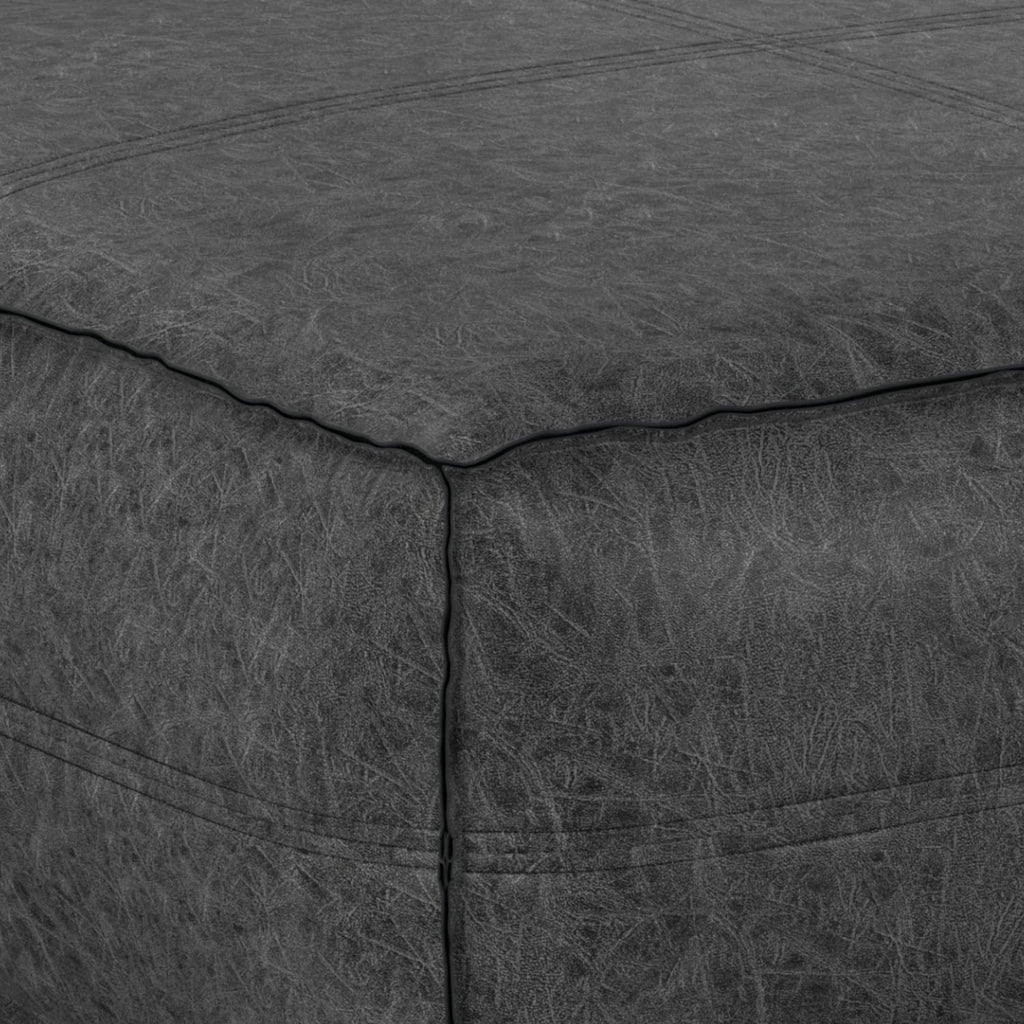 Distressed Black Vegan Faux Leather Pouf J909687