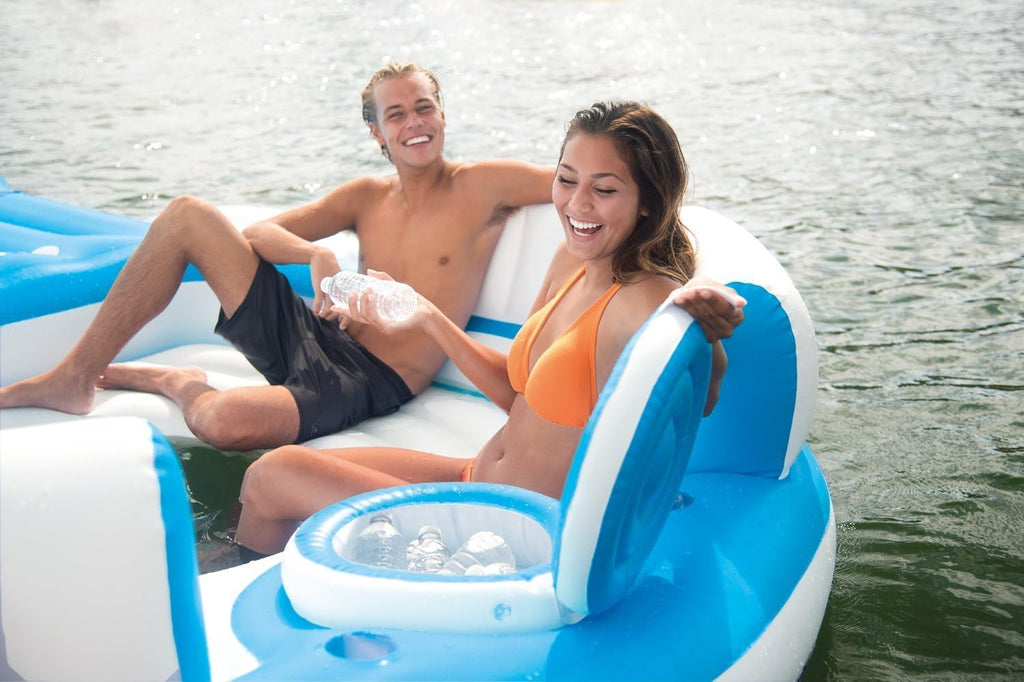 Blue 4 Person Vinyl Pool Raft Lounger with Cup Holders E891
