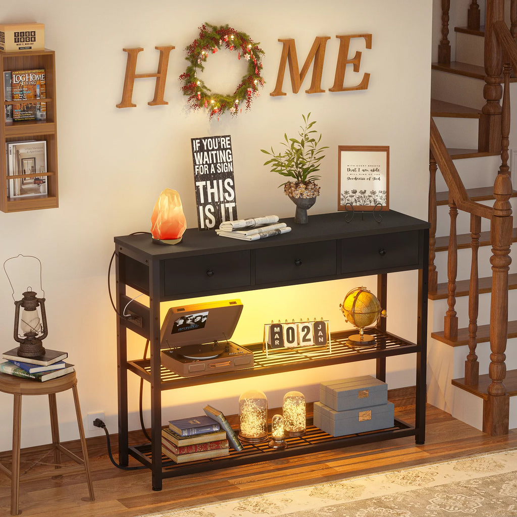 Black Console Table with Charging Station and Storage Shelves U60859