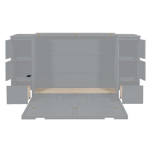 Gray Wood Murphy Bed with Drawers and Cabinets Y729529