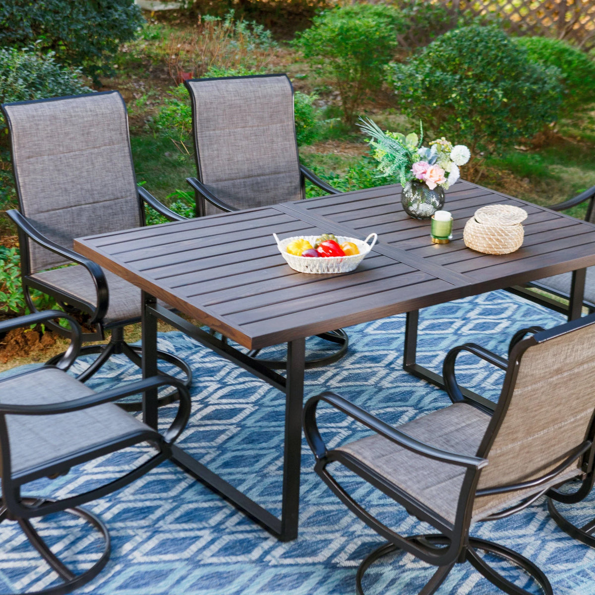 Rectangle Outdoor Dining Table Steel Frame Wood Grain Top 6 Person Black T70856