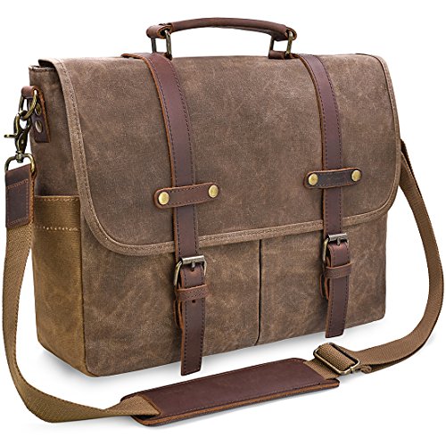 15.6 Inch Waterproof Brown Leather Canvas Messenger Bag P77506