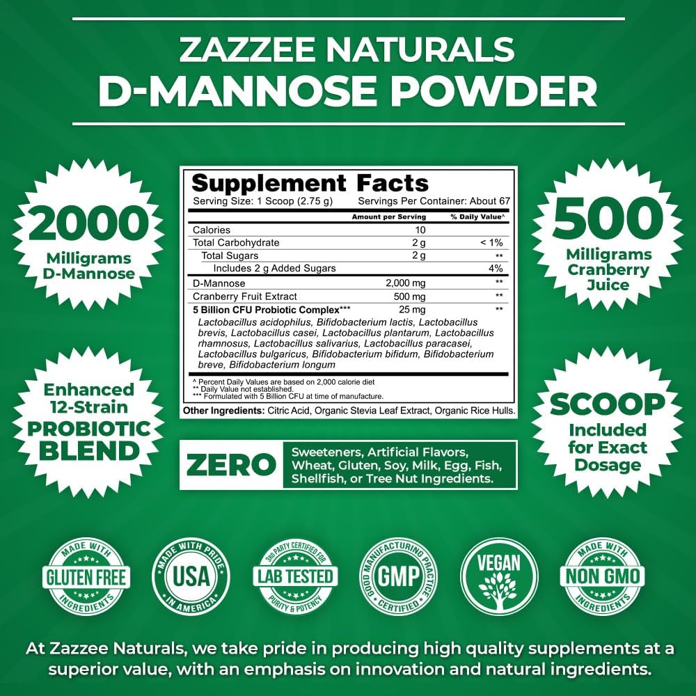 2000 mg D-Mannose Powder Plus with Probiotics and Cranberry Extract, 6.5 Oz, 67 Servings U40533