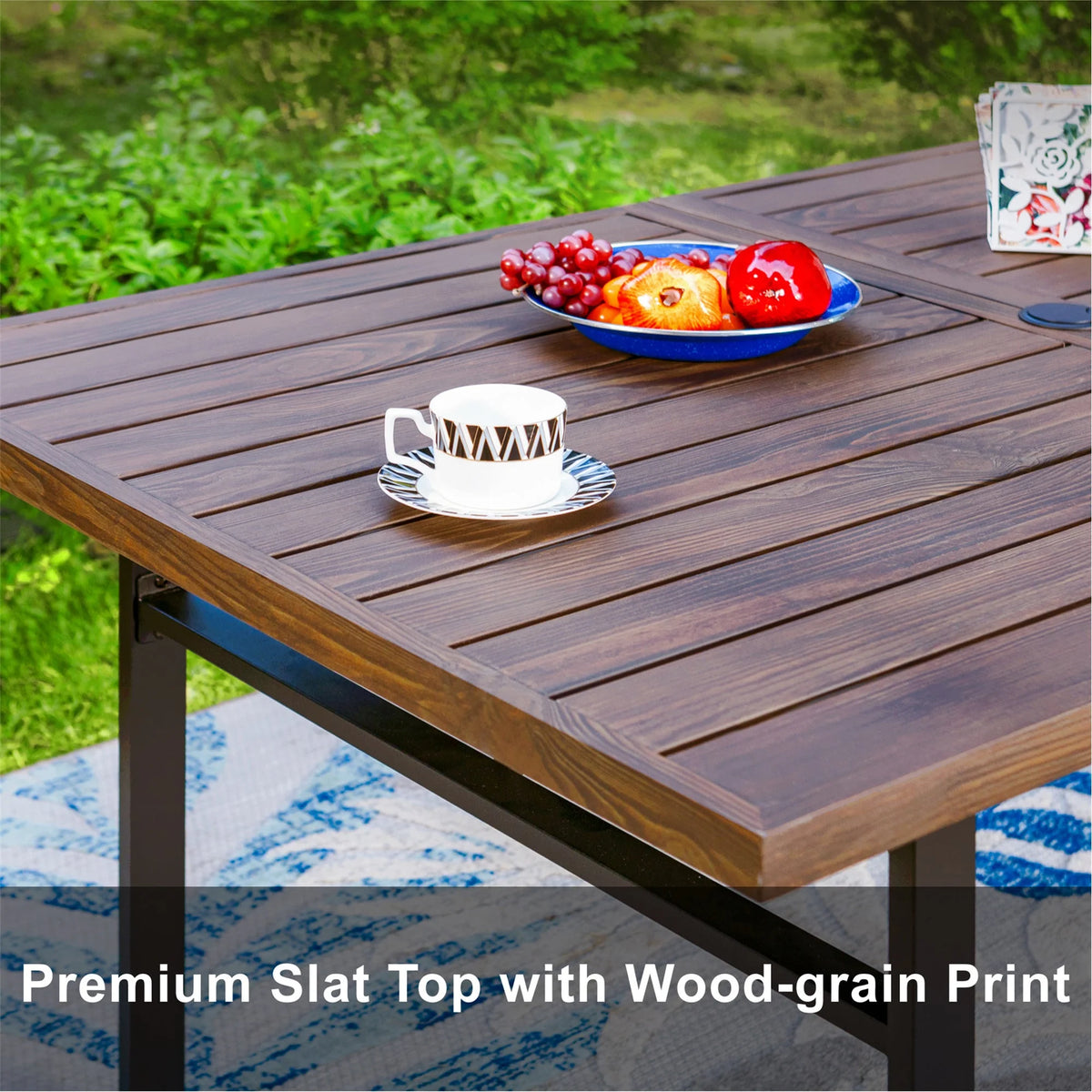 Rectangle Outdoor Dining Table Steel Frame Wood Grain Top 6 Person Black T70856