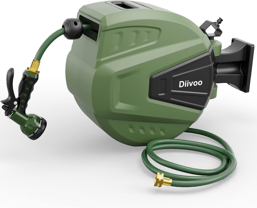 Retractable Garden Hose Reel 65 ft, Wall Mount, Automatic Rewind, 180° Swivel Bracket, 9 Pattern Hose Nozzle Q758