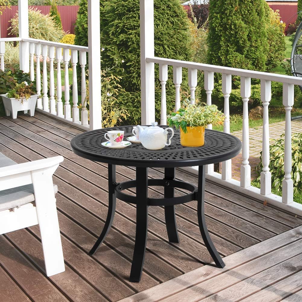 Cast Aluminum Round Side Table with Umbrella Hole, Black W717398