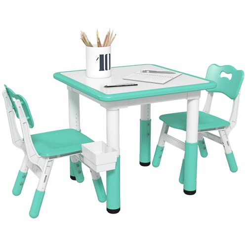 3 Pieces Height Adjustable Kids Table and Chair Set with Storage Green Y606