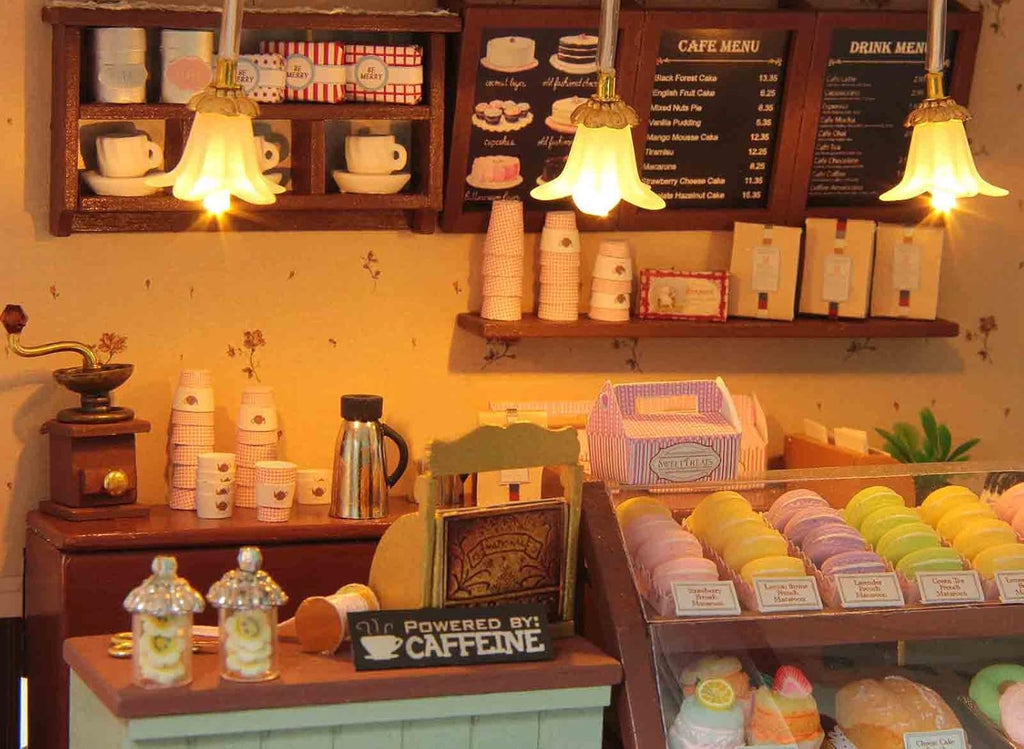 Paris Coffee & Cake Shop Wooden Dollhouse Miniatures DIY Kit with Led Light and Dust Cover M732350