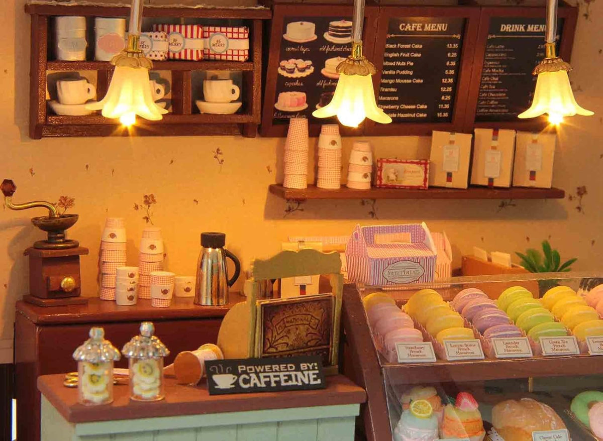 Paris Coffee & Cake Shop Wooden Dollhouse Miniatures DIY Kit with Led Light and Dust Cover M732350