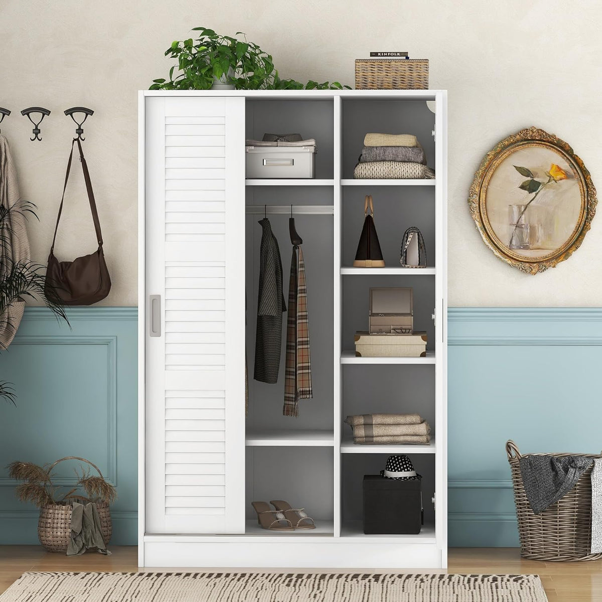 White 3 Doors Wood Wardrobe with Storage Shelves and Hanging Rail Q993