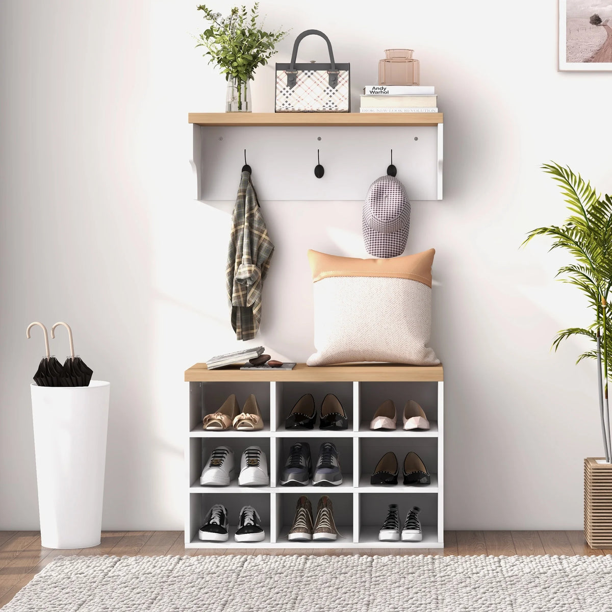 White Coat Rack Shoe Bench Set W9509