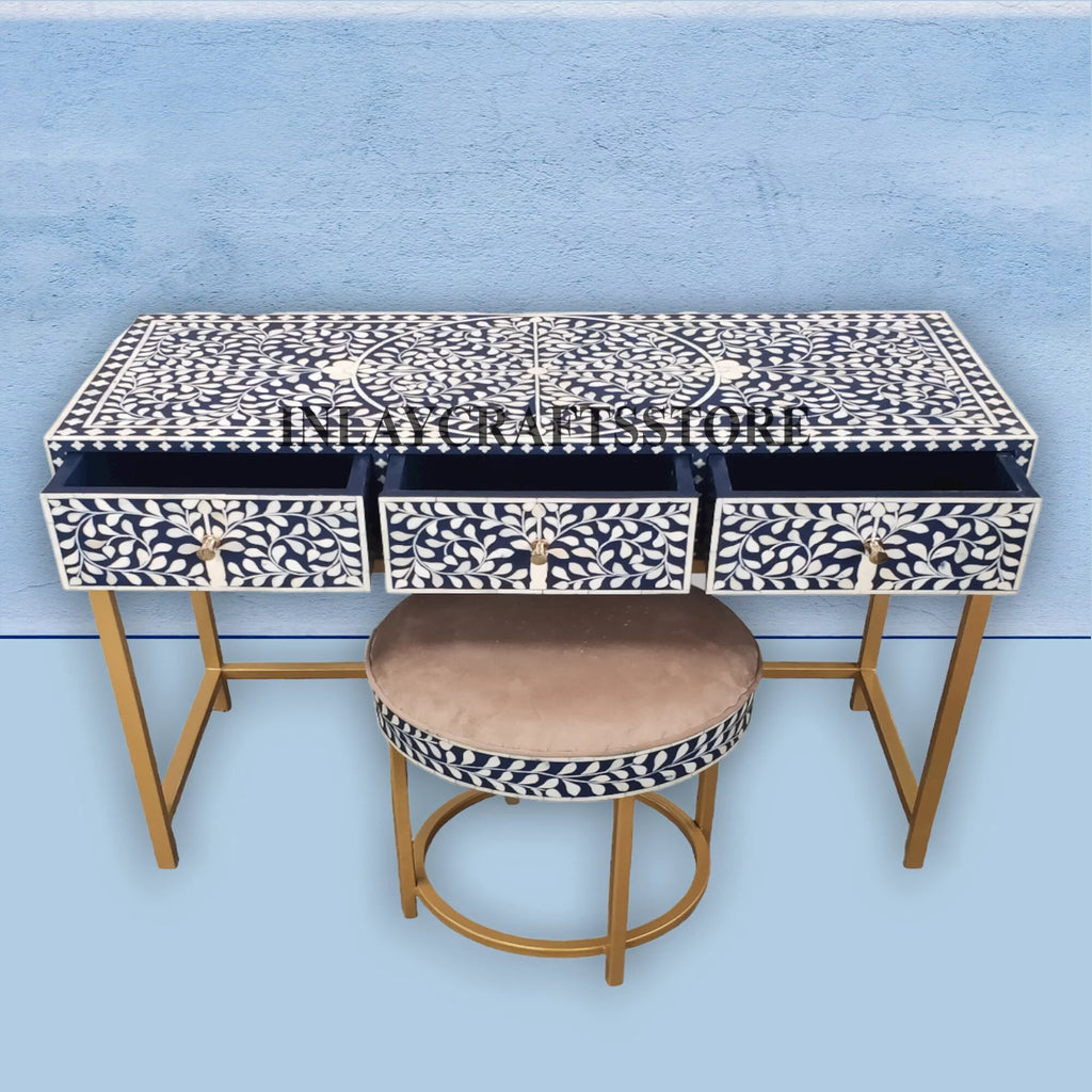 Bone Inlay 3 Drawers Console and Stool Indigo Blue P184