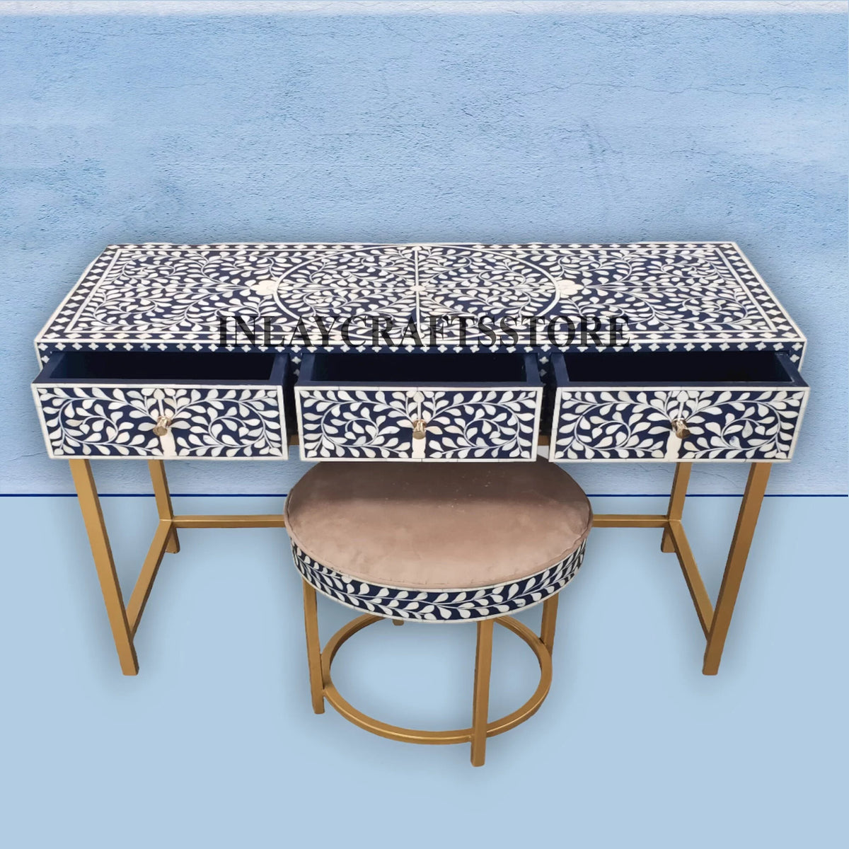 Bone Inlay 3 Drawers Console and Stool Indigo Blue P184