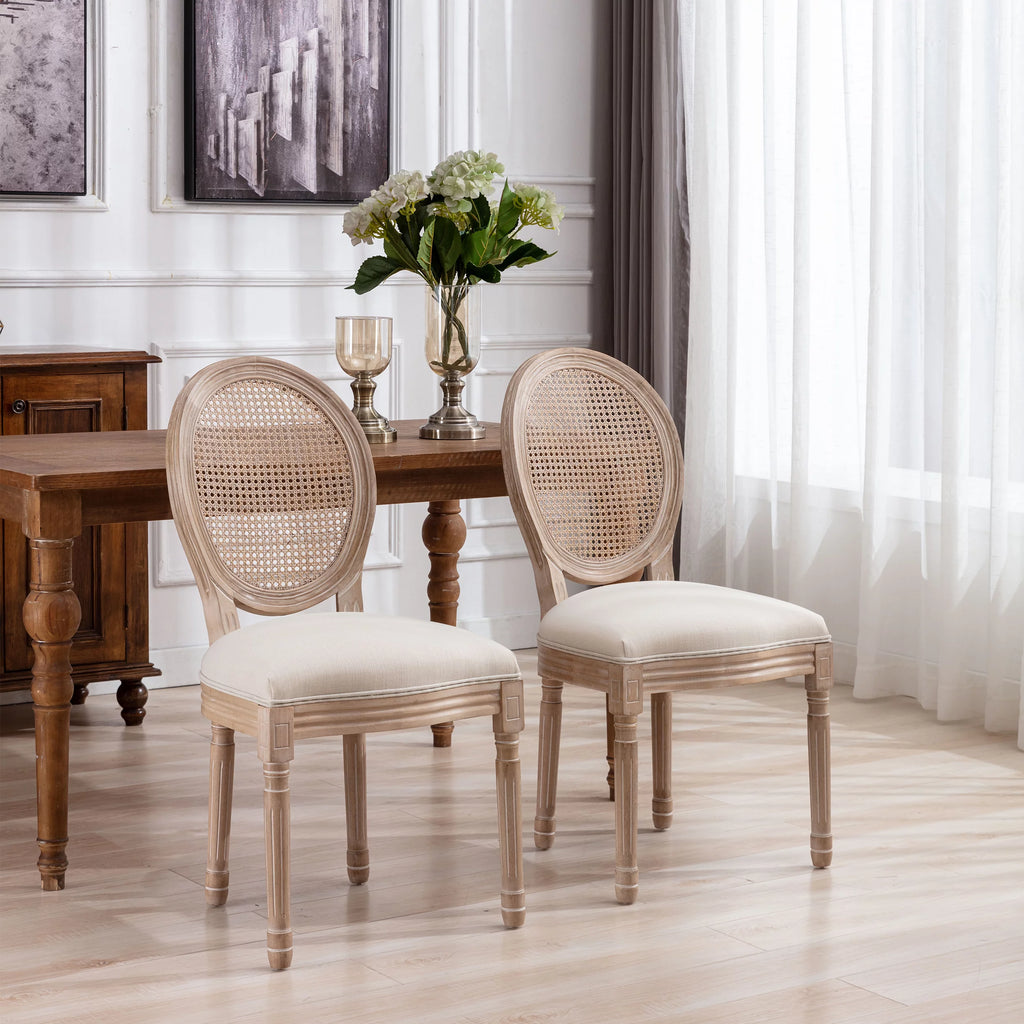 French Style Solid Wood Frame Linen Fabric Rattan Back Dining Chair, Set of 2 I695985