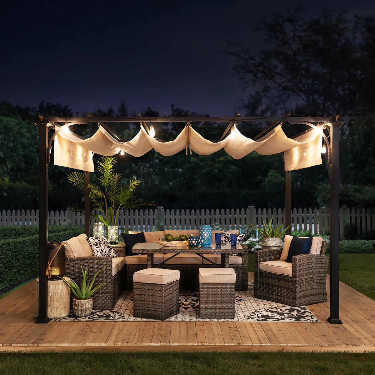 Black Steel Pergola with Adjustable Beige Shade Y60974
