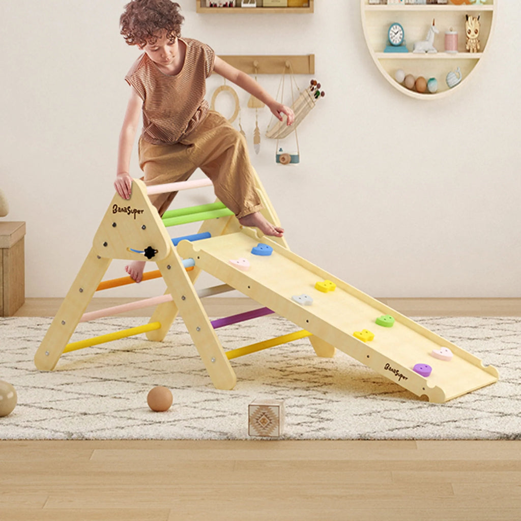 3 in 1 Wooden Climbing Triangle Ladder with Ramp & Arch B6857
