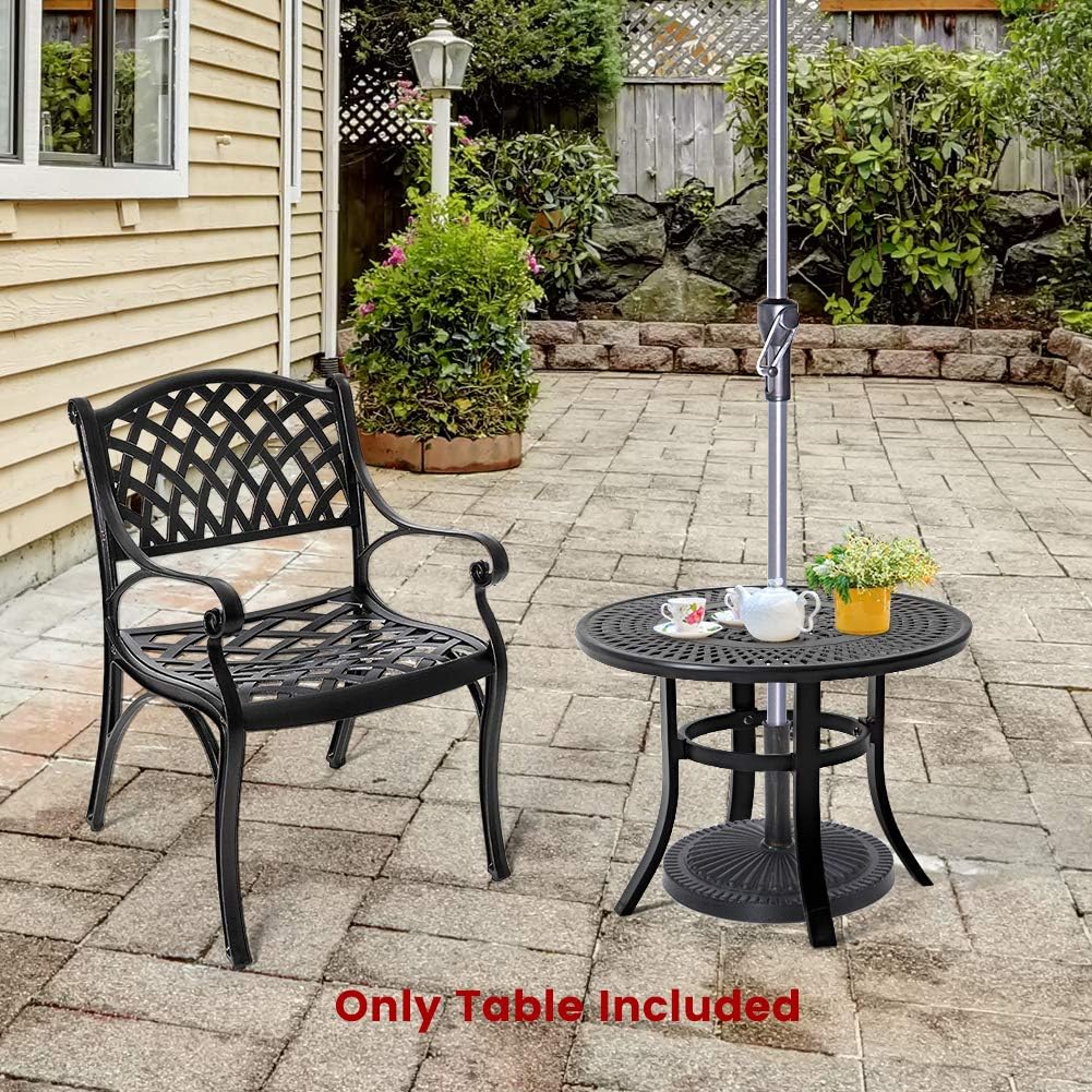 Cast Aluminum Round Side Table with Umbrella Hole, Black W717398
