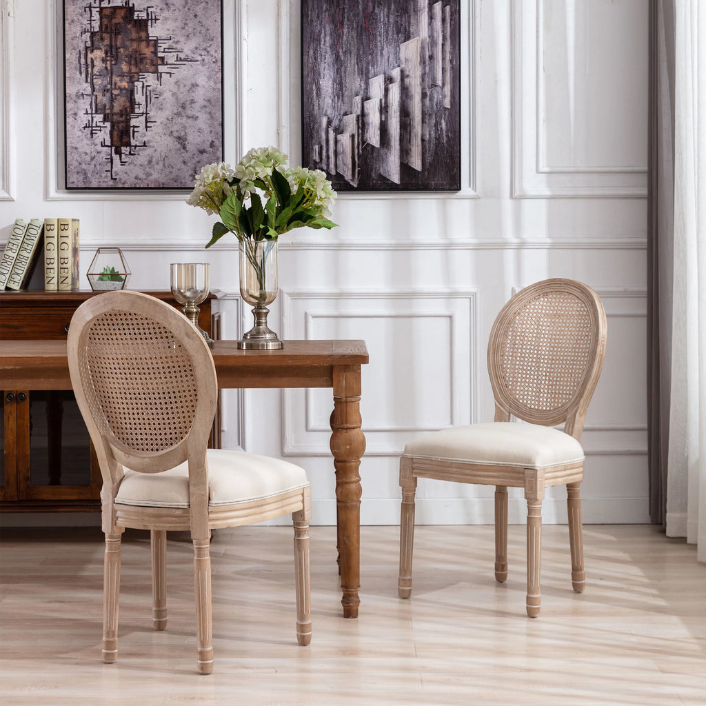 French Style Solid Wood Frame Linen Fabric Rattan Back Dining Chair, Set of 2 I695985