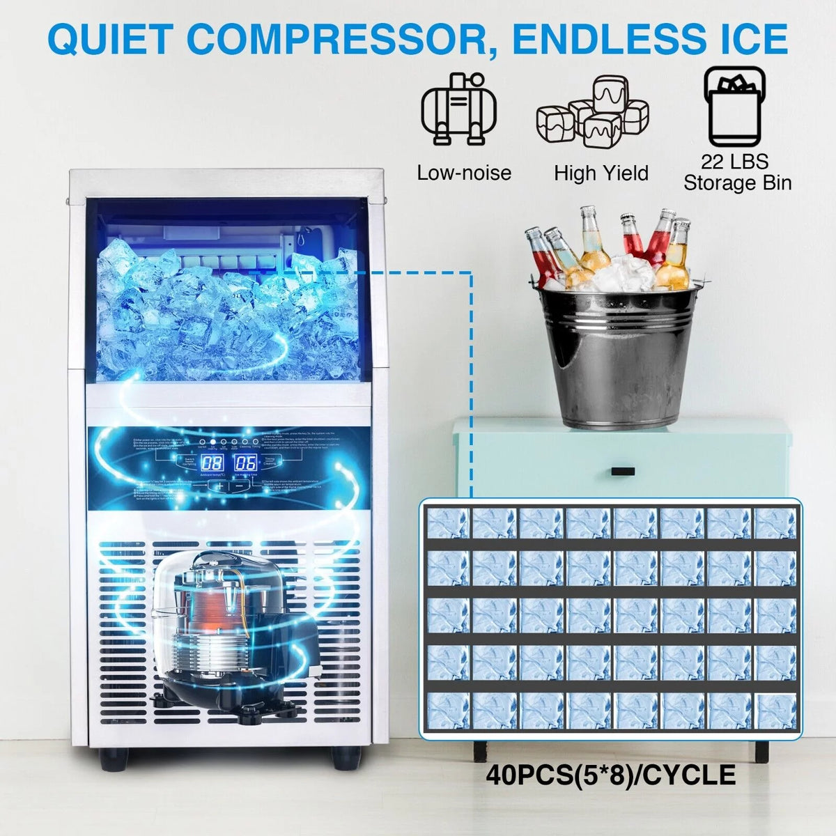 Commercial Ice Maker 90lb Stainless Steel Built-in Cube Machine X8296