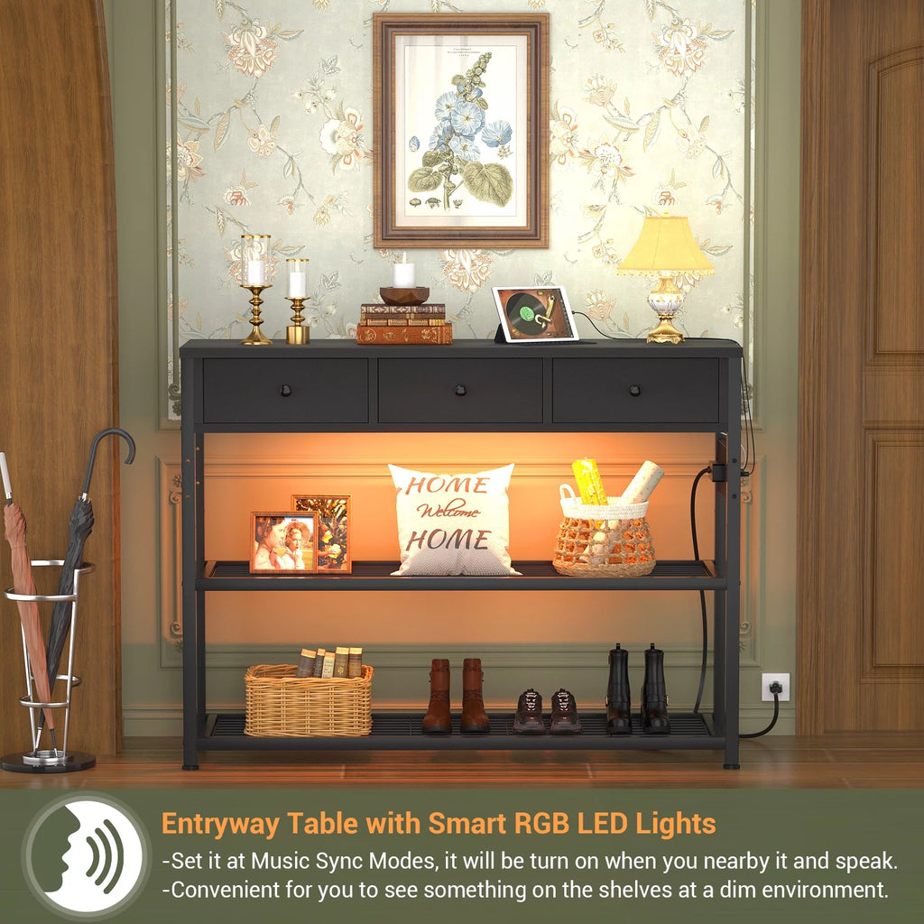 Black Console Table with Charging Station and Storage Shelves U60859
