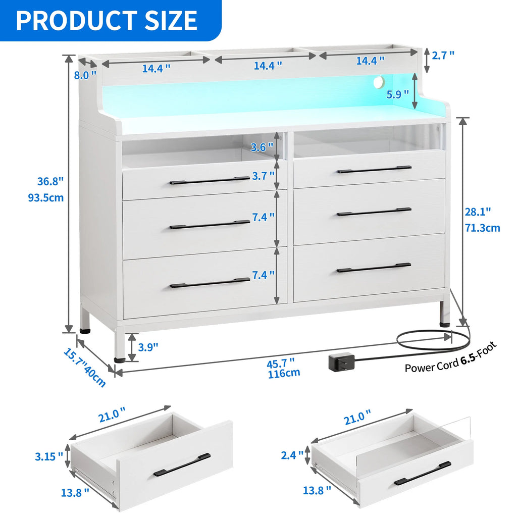 Black 6 Drawer Dresser with LED Light and Open Storage C696363