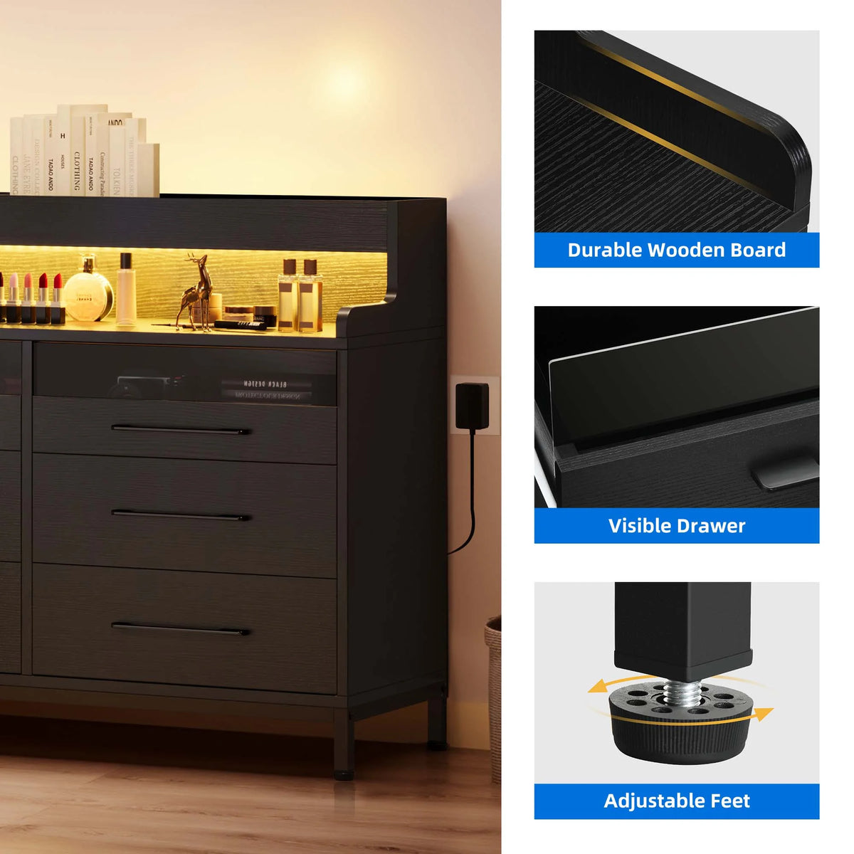 Black 6 Drawer Dresser with LED Light and Open Storage C696363