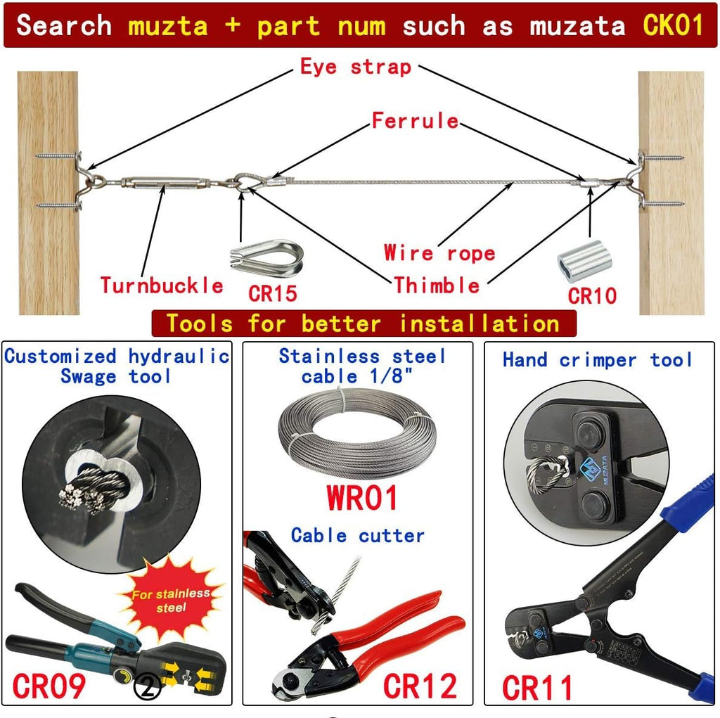 20Set 1/8" Stainless Steel Cable Railing Kit Hardware Turnbuckle M5 Eye to Eye Angle Adjustable Pack of 2 K3235