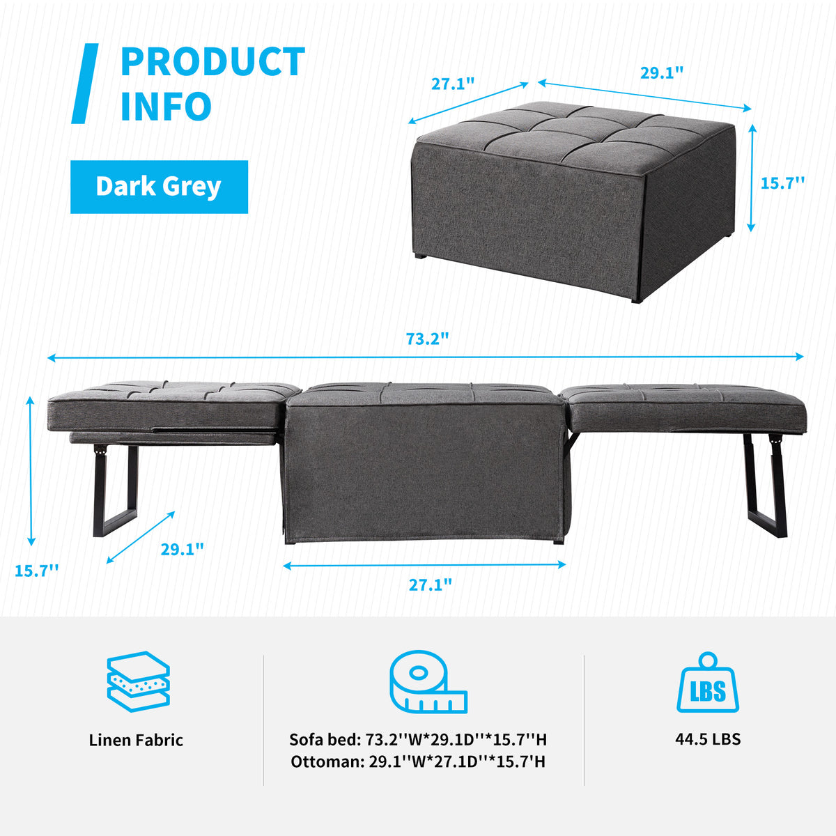 Dark Gray Linen Convertible Sofa Sleeper with Ottoman T386
