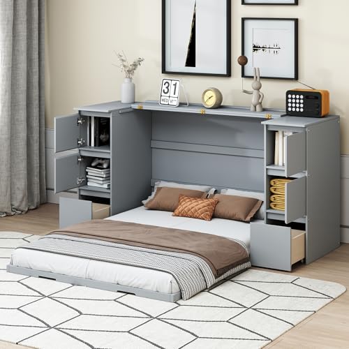 Gray Wood Murphy Bed with Drawers and Cabinets Y729529