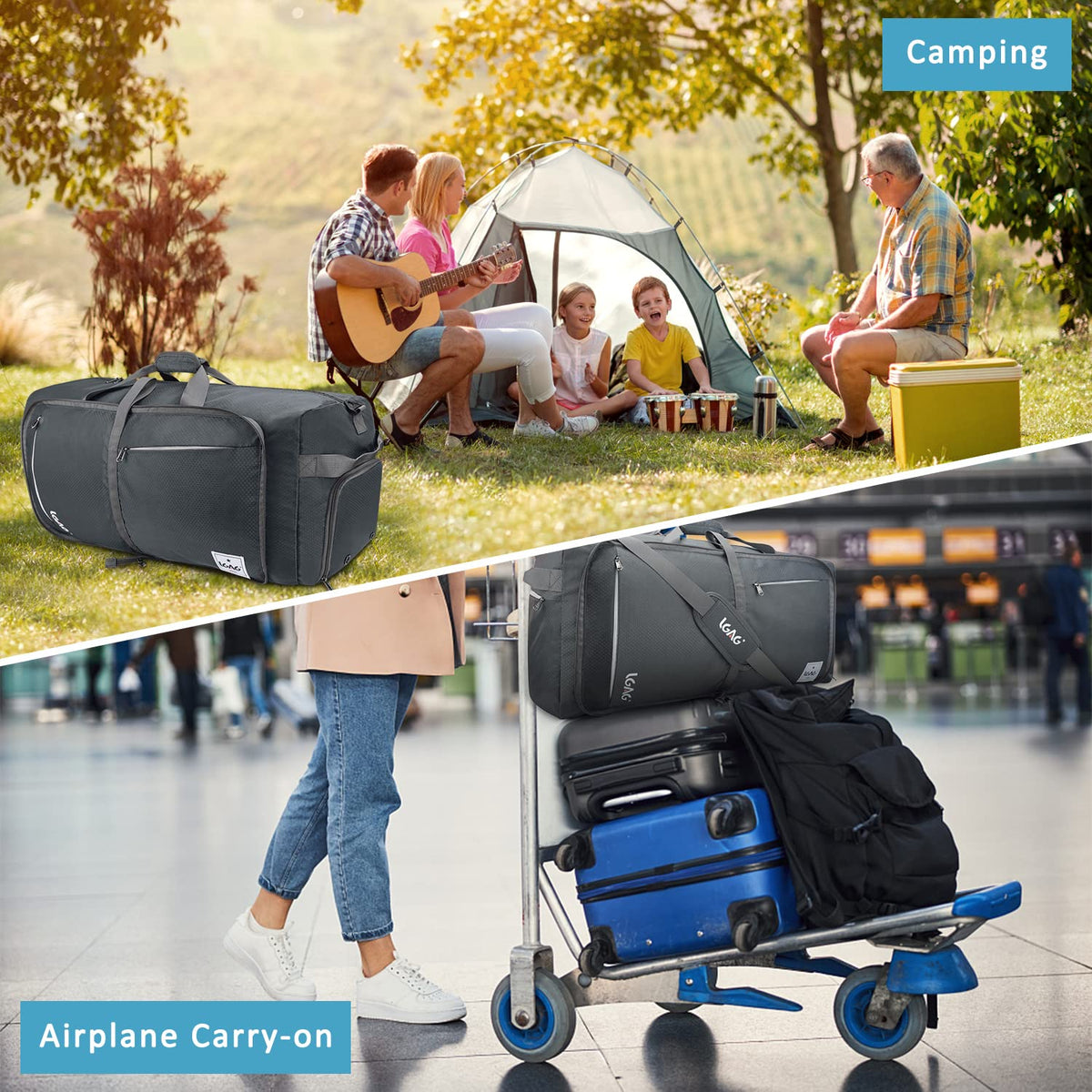 Gray 85L Foldable Waterproof Travel Duffle Bag with Shoe Compartment N236602