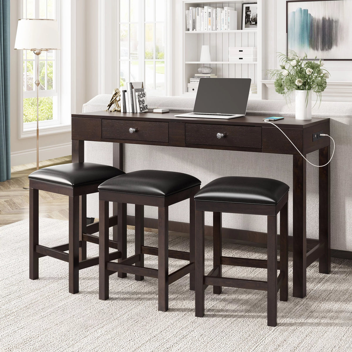 4-Piece Counter Height Table Set with Leather Padded Stools S957445