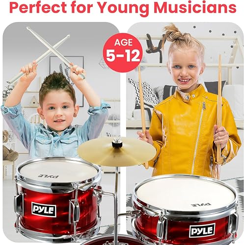 3 Piece Kids Drum Set with Bass Drum, Snare, Tom, Cymbal, Throne, Drumsticks C267909