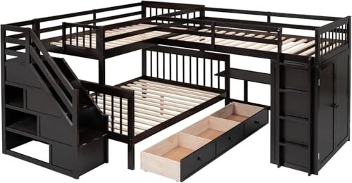 Twin-Twin Over Full Triple Bunk Bed with Storage Stairs, Wardrobe and Desk, Solid Wood L-Shaped 3 Bunk Bed with Ladder, Shelves, Headboard, Guardrail (Grey) R202