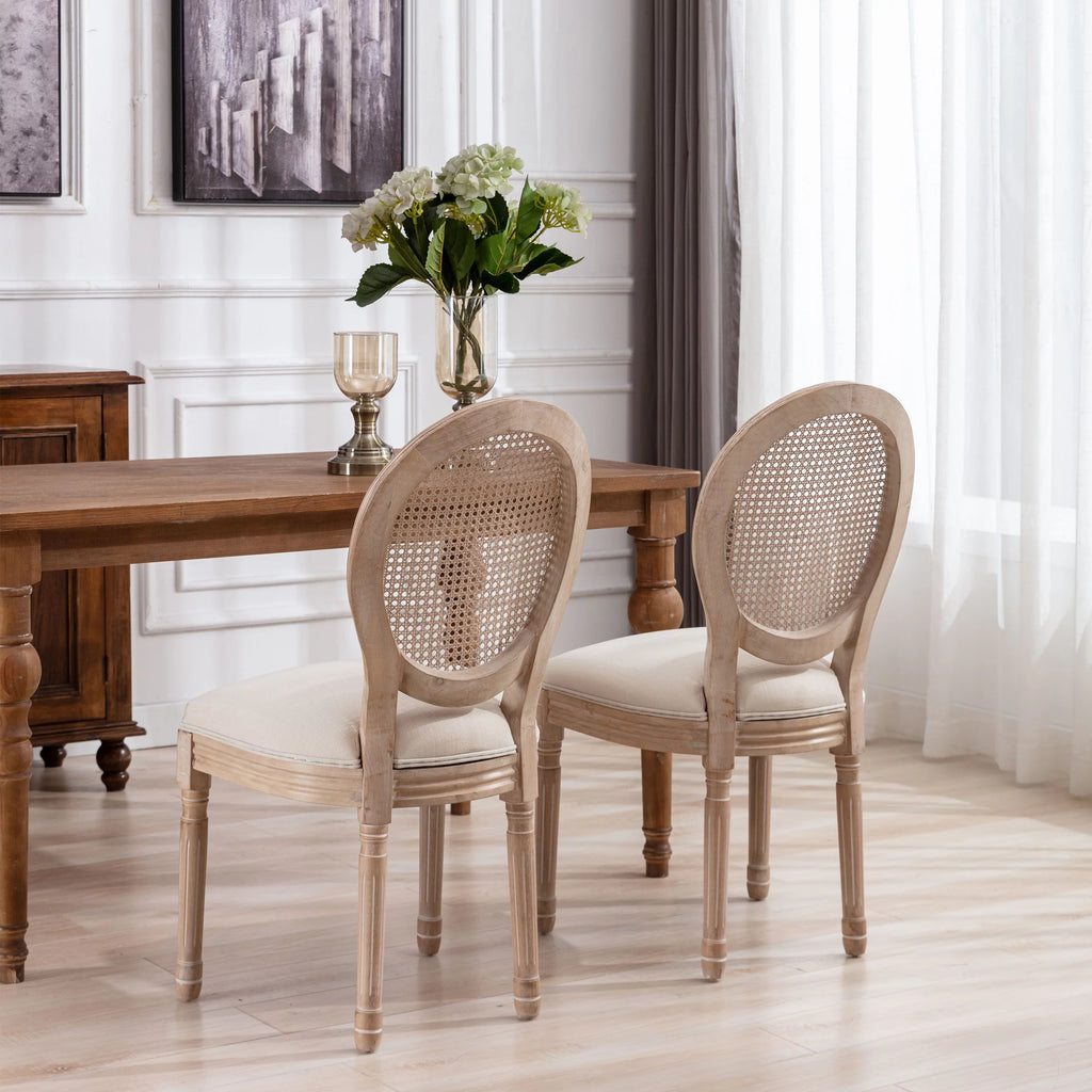 French Style Solid Wood Frame Linen Fabric Rattan Back Dining Chair, Set of 2 I695985