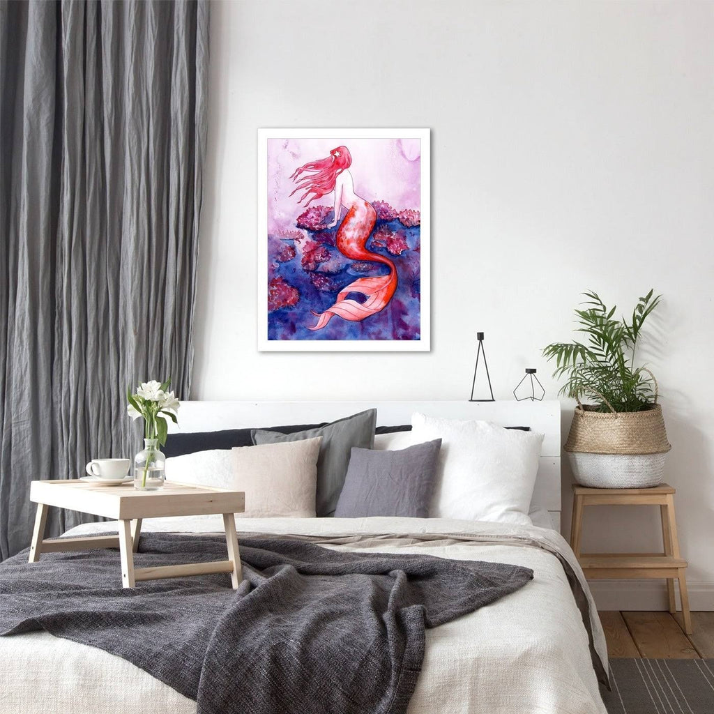 Red Coral Mermaid Black Frame I1086