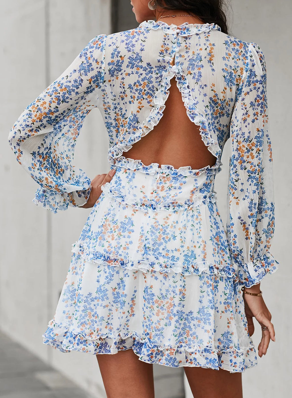 Floral Print Long Sleeve Backless Mini Dress C524