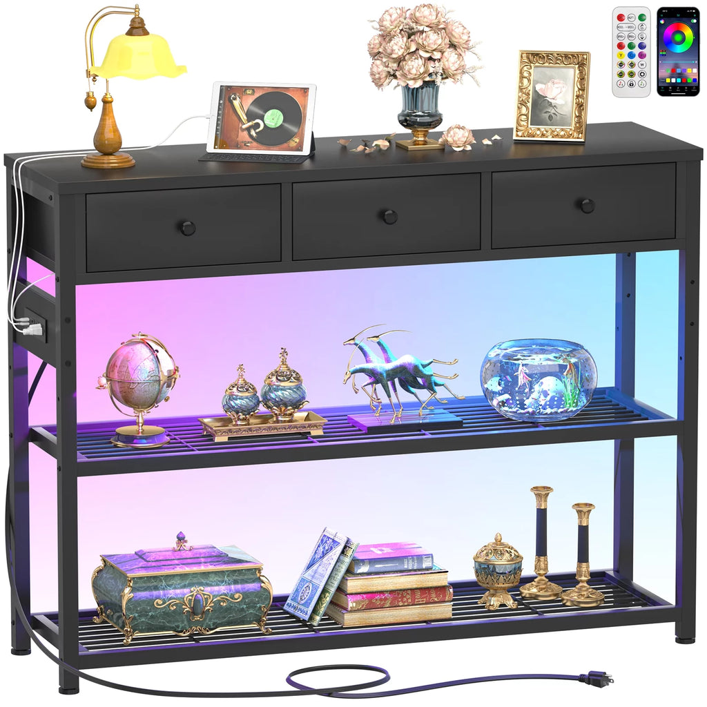 Black Console Table with Charging Station and Storage Shelves U60859