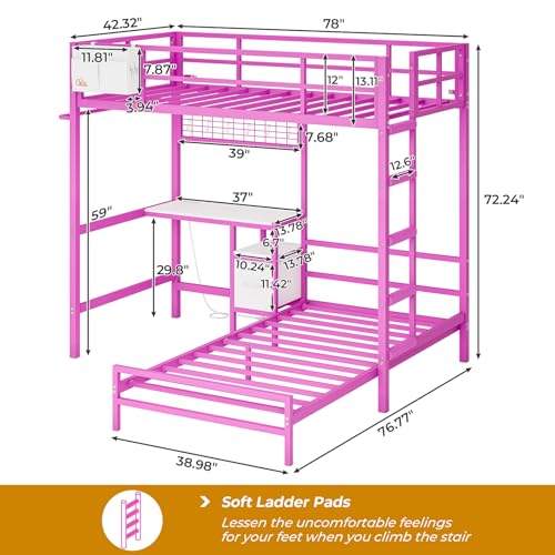 White Twin Over Twin Metal Bunk Bed with Desk and Led Lights N59855