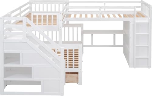 Twin-Twin Over Full Triple Bunk Bed with Storage Stairs, Wardrobe and Desk, Solid Wood L-Shaped 3 Bunk Bed with Ladder, Shelves, Headboard, Guardrail (Grey) R202