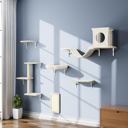Gray 7 Pcs Cat Wall Shelves with House, Tunnel, Bridge, Steps, Scratcher, Hammock, Bed X838