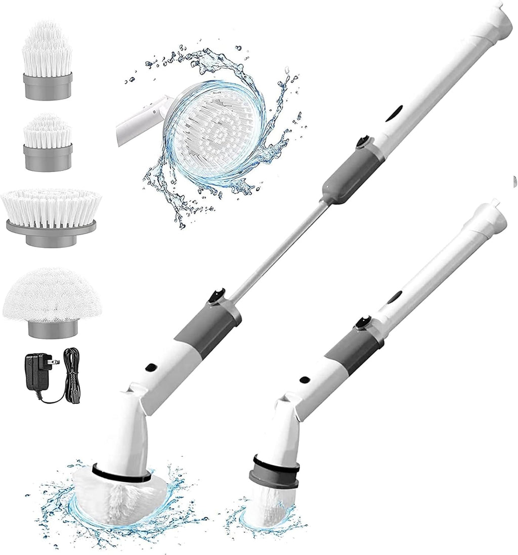 White Cordless Electric Spin Scrubber with 3 Replaceable Brush Heads and Adjustable Extension Handle C25965