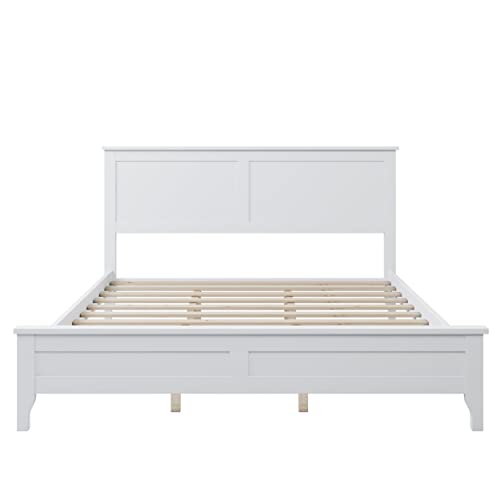 White Queen Wood Platform Bed Frame with Headboard I6484