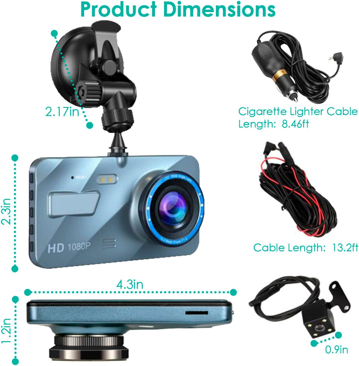 720P HD Dual Dash Cam with Night Vision and 4 inch LCD Display L14739