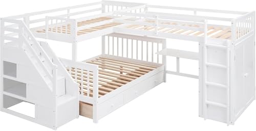 Twin-Twin Over Full Triple Bunk Bed with Storage Stairs, Wardrobe and Desk, Solid Wood L-Shaped 3 Bunk Bed with Ladder, Shelves, Headboard, Guardrail (Grey) R202