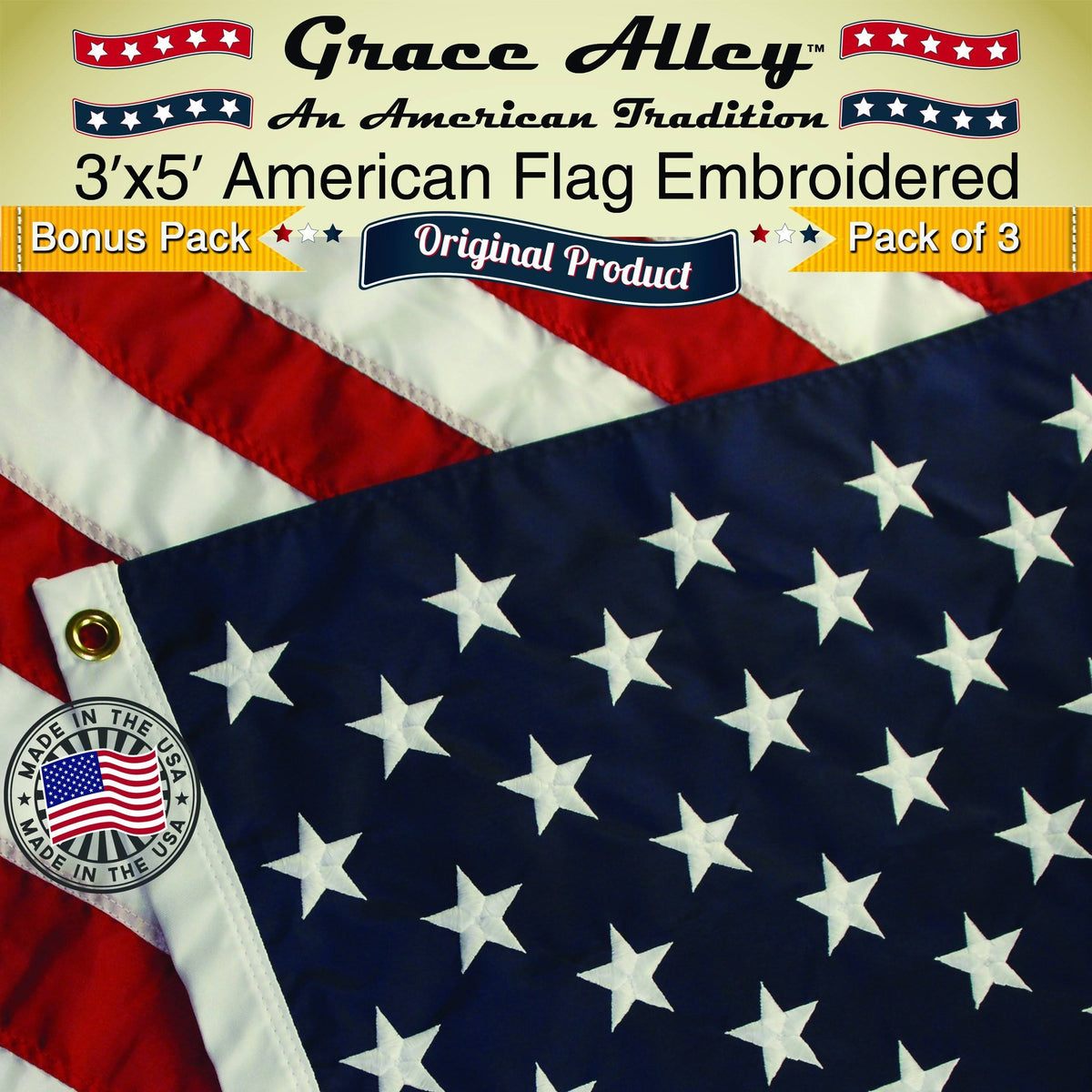 3 Pack 3x5 ft. Embroidered Stars and Sewn Stripes Flag L5142