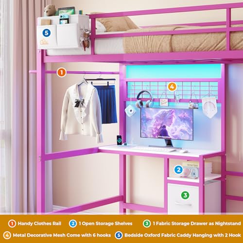 White Twin Over Twin Metal Bunk Bed with Desk and Led Lights N59855