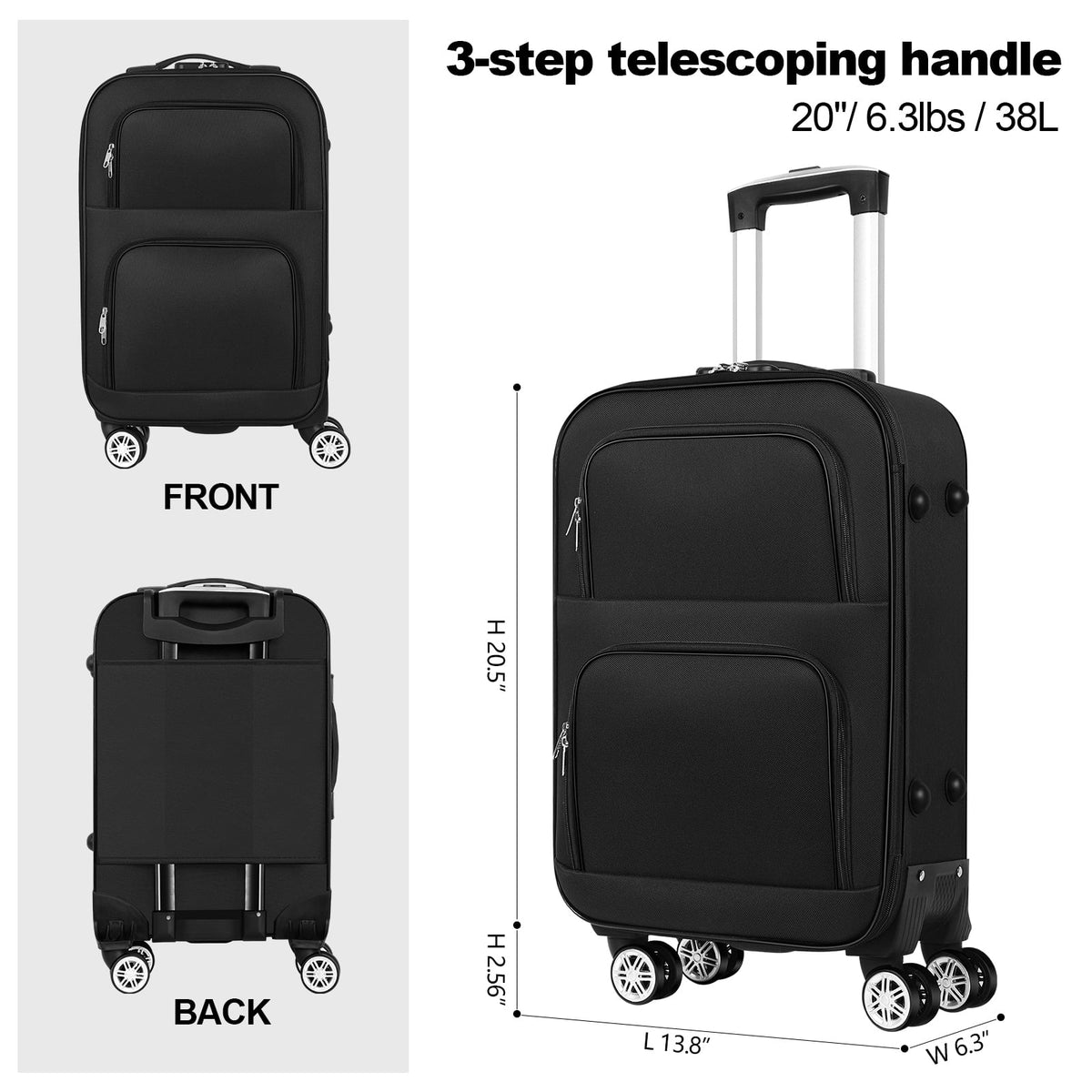 20 inch Softside Black Carry On Suitcase with Spinner Wheels Lock X826