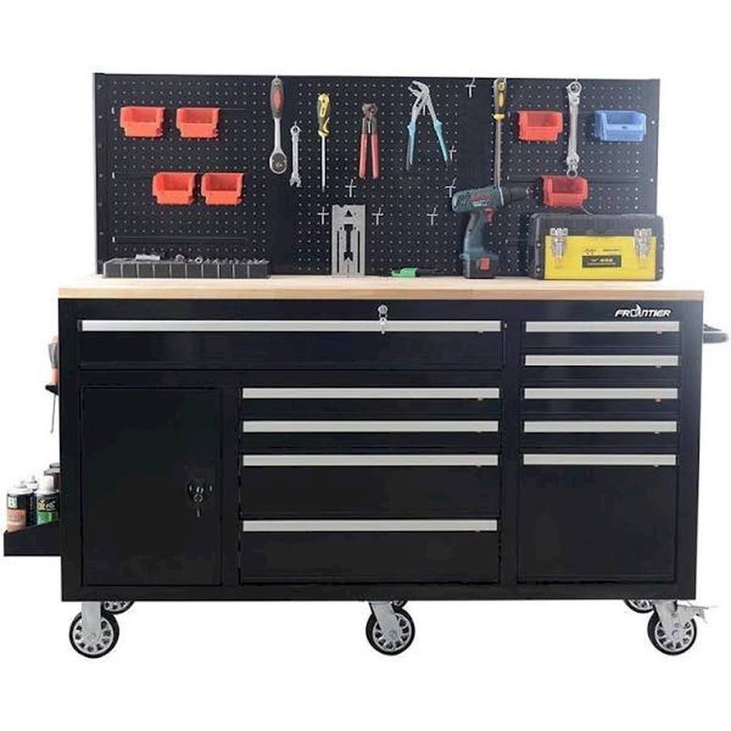 62 in. 10-Drawer Black Heavy Duty Tool Chest Cabinet with Pegboard Back Wall V462614