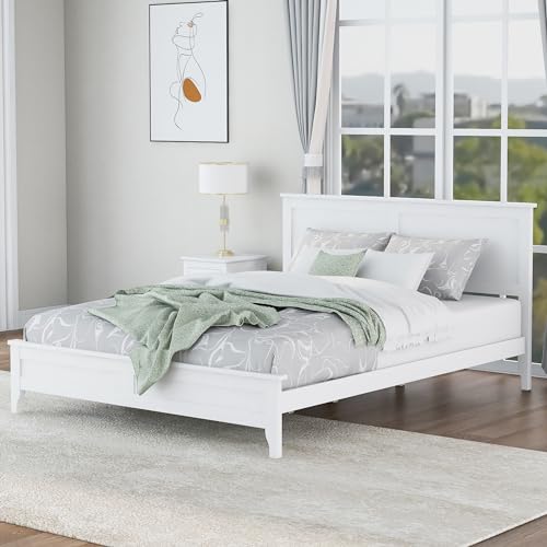 White Queen Wood Platform Bed Frame with Headboard I6484