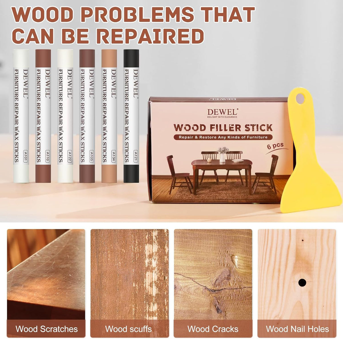 6 Colors Wood Filler Sticks Repair Crayons Kit Y4584